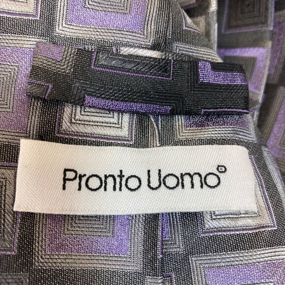 Pronto Uomo Silk Tie Vintage Purple Gray Geometric Square 100% Silk as is - Picture 3 of 7